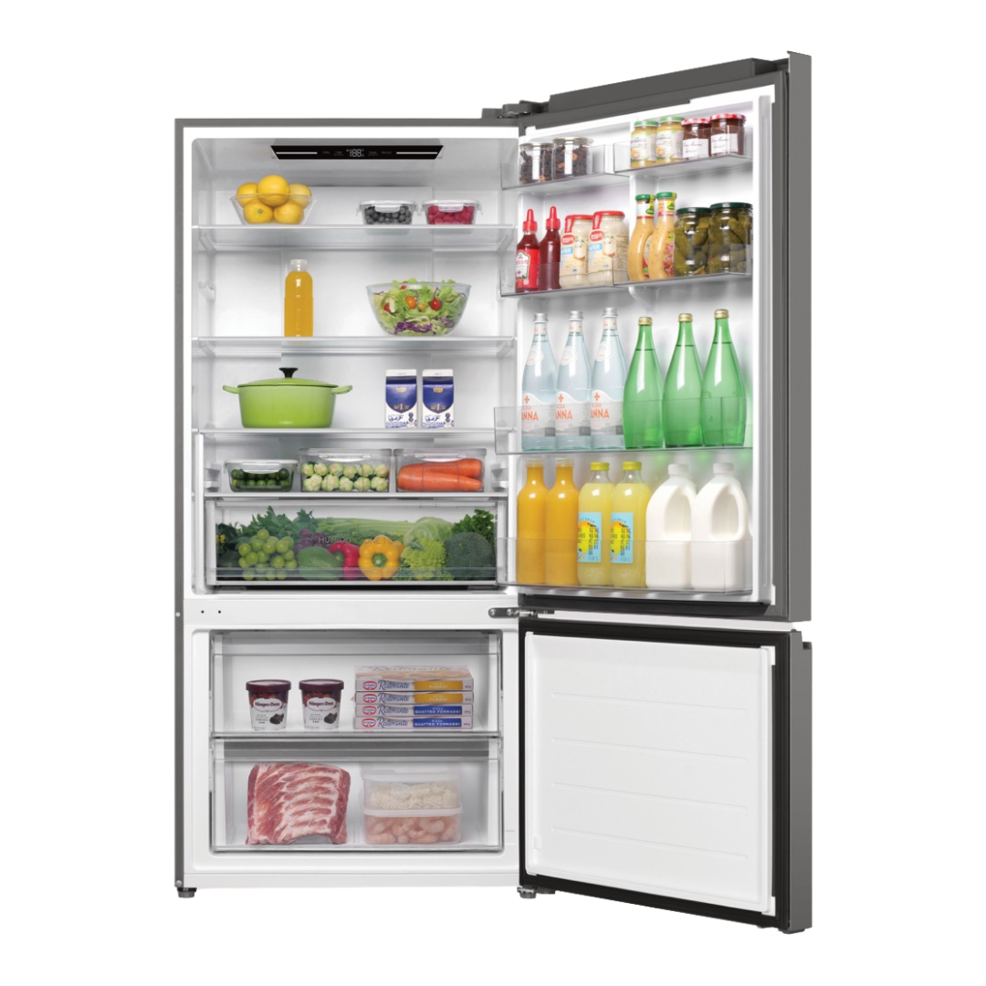 Haier Bottom Mount Fridge in Satina with both doors open showing it's storage capacity