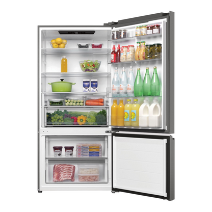 Haier Bottom Mount Fridge in Satina with both doors open showing it's storage capacity