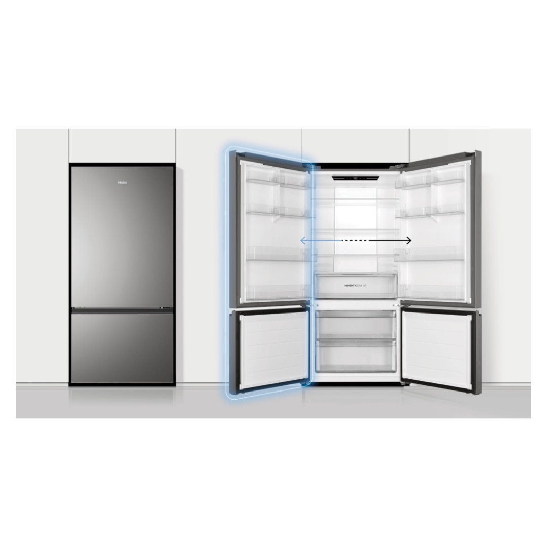 Haier Bottom Mount Fridge in Satina in a modern kitchen setting with the door reversibility function