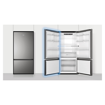 Haier Bottom Mount Fridge in Satina in a modern kitchen setting with the door reversibility function