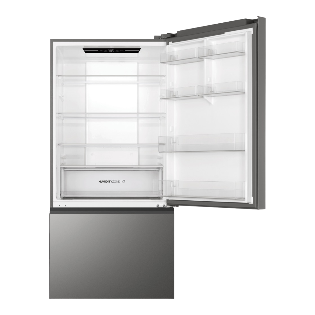 Haier Bottom Mount Fridge in Satina with the top door opn showcasing it's storage capacity