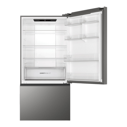 Haier Bottom Mount Fridge in Satina with the top door opn showcasing it's storage capacity
