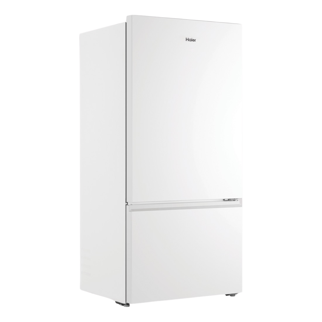 Haier Bottom Mount Fridge in White pictured at an angle