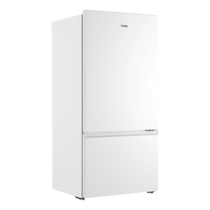 Haier Bottom Mount Fridge in White pictured at an angle