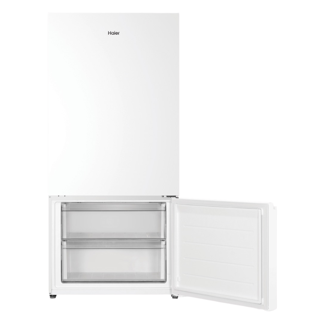 Haier Bottom Mount Fridge in White with the freezer door open 