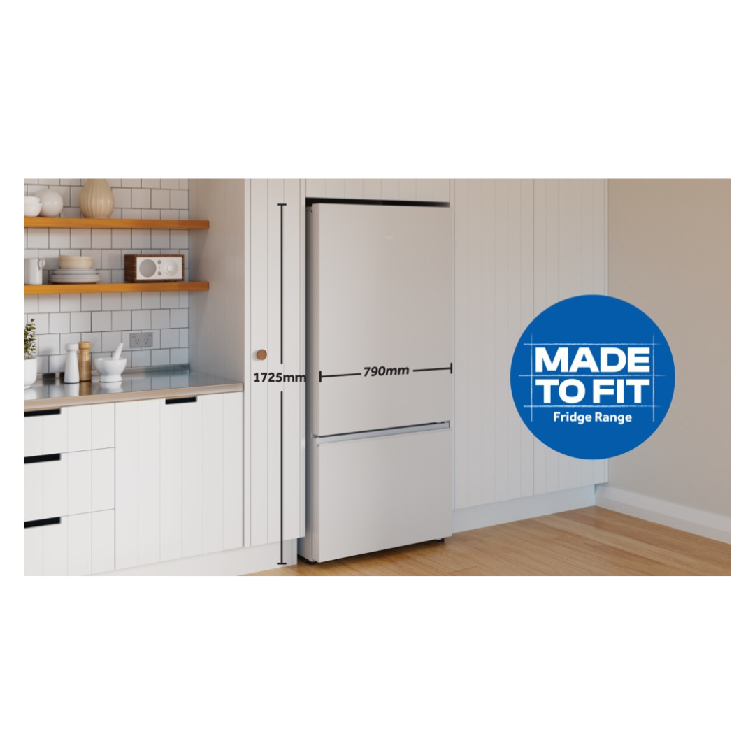 Haier Bottom Mount Fridge in White in a modern kitchen setting with dimensions for reference 