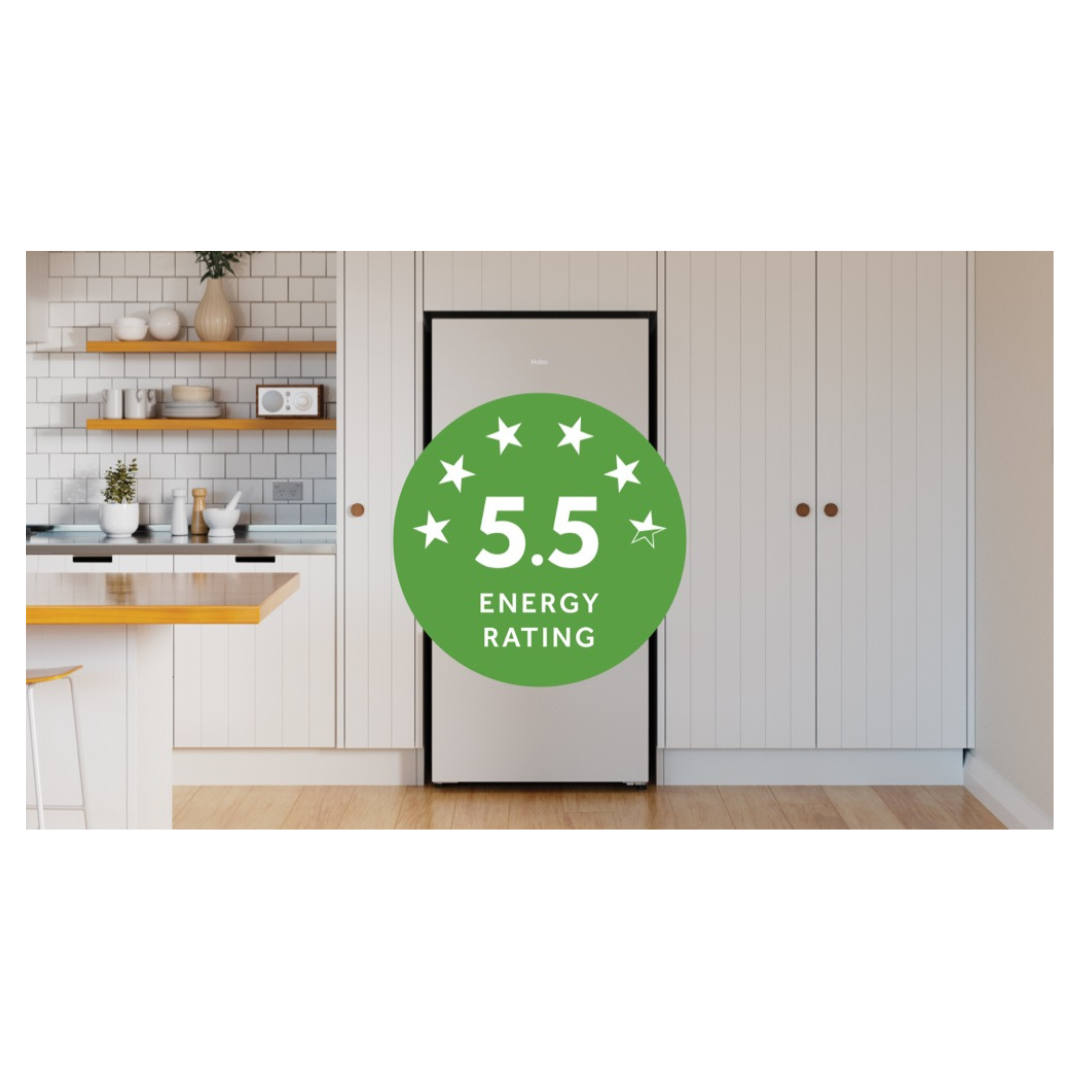 Haier Bottom Mount Fridge in White in a modern kitchen setting with a 5.5 star energy rating