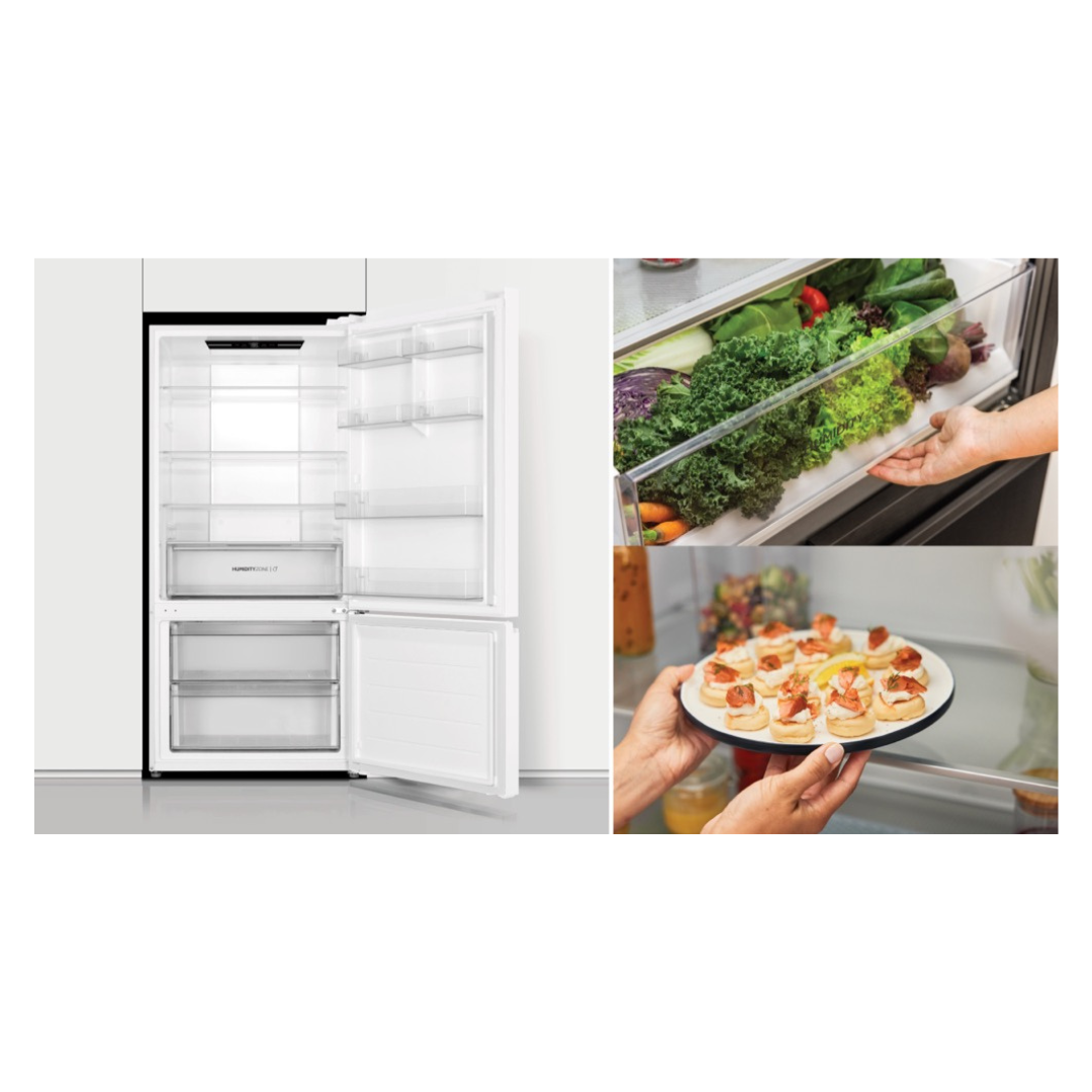 Haier Bottom Mount Fridge in White in a modern kitchen setting with both doors open in the image on the right and showcasing its storage capacity in the images on the left