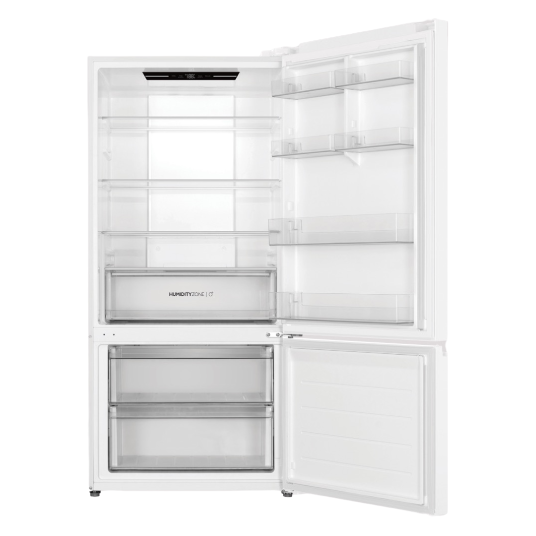 Haier Bottom Mount Fridge in White with both doors open showing it's storage capacity while empty