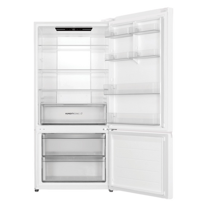 Haier Bottom Mount Fridge in White with both doors open showing it's storage capacity while empty