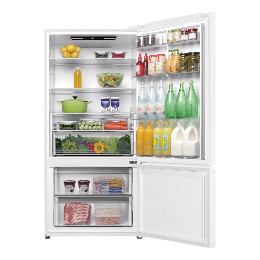 Haier Bottom Mount Fridge in White with both doors open showing it's full storage capacity 