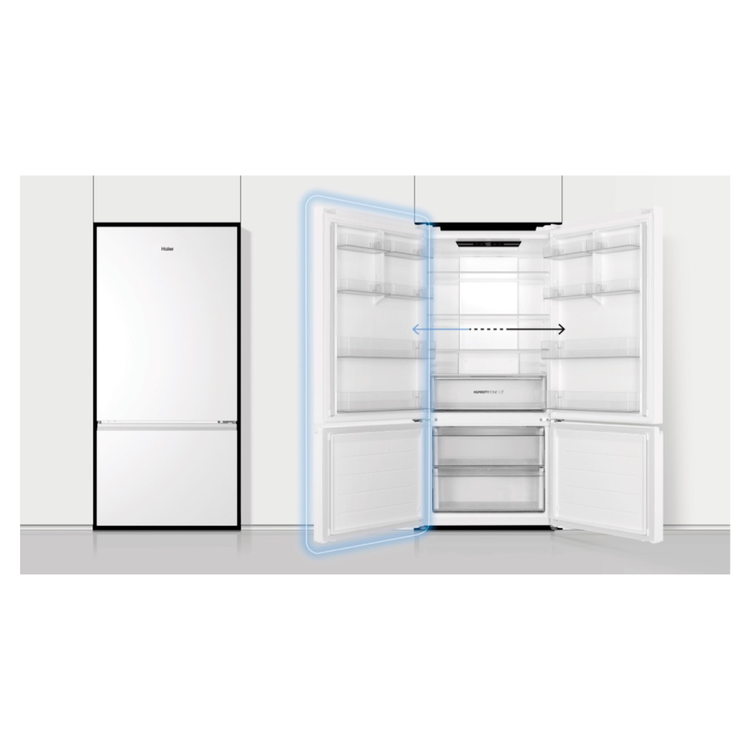 Haier Bottom Mount Fridge in White in a modern kitchen setting showcasing it's door reversibility