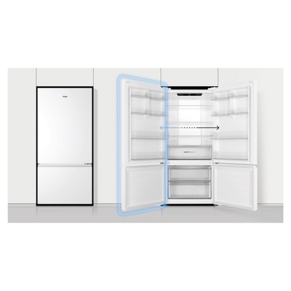 Haier Bottom Mount Fridge in White in a modern kitchen setting showcasing it's door reversibility