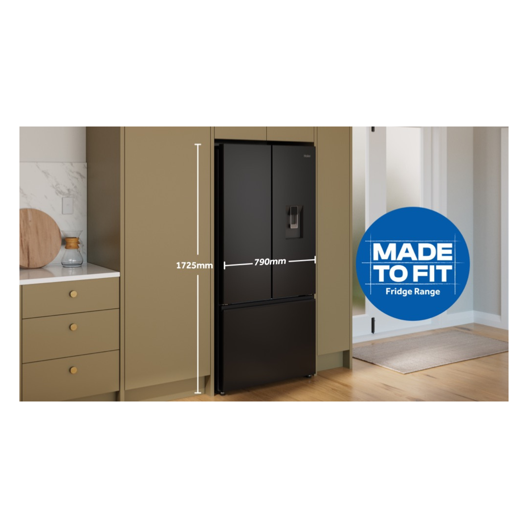 Haier French Door Fridge with a dispenser in a modern kitchen with dimensions for reference