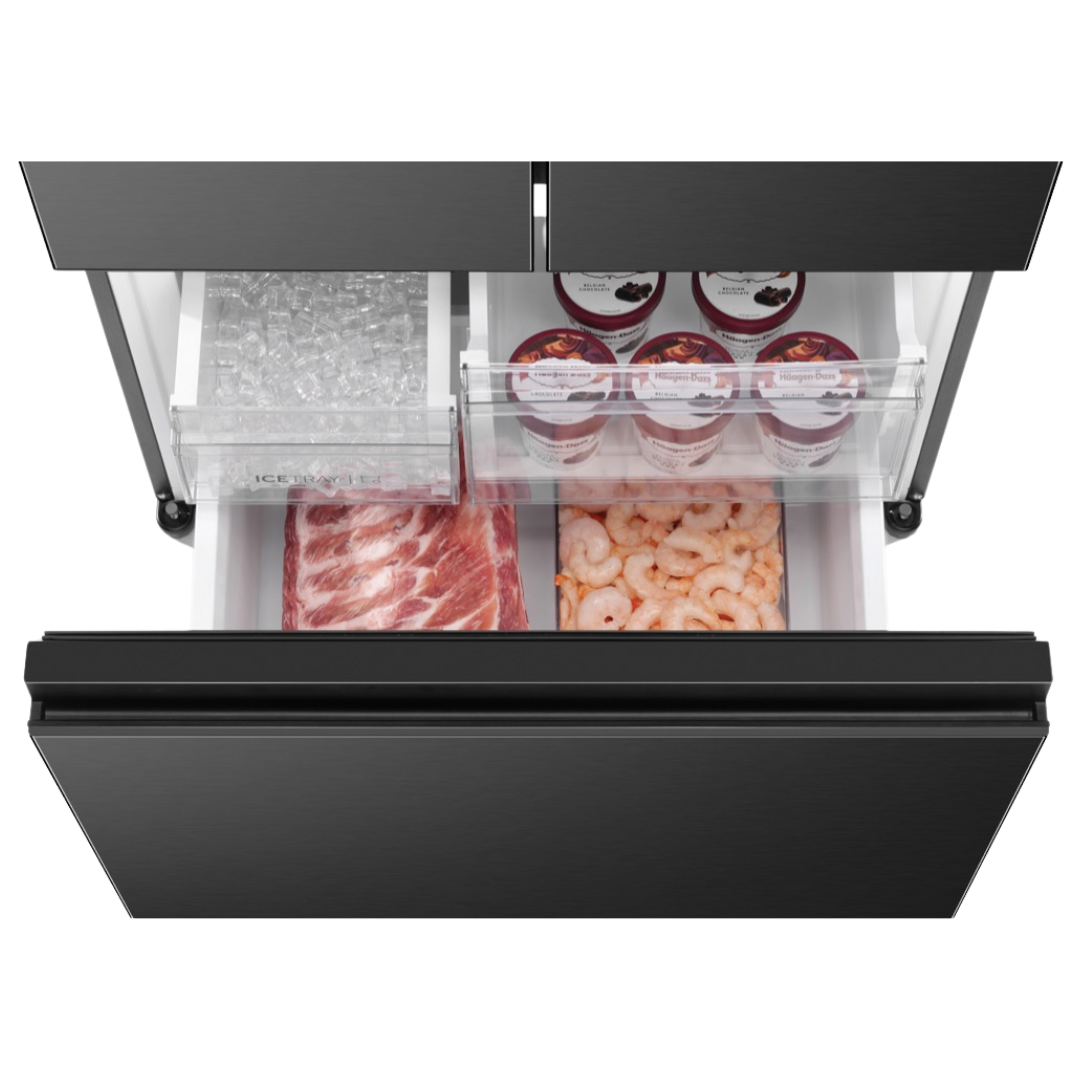 Haier French Door Fridge with the Freezer compartment open showing it's storage