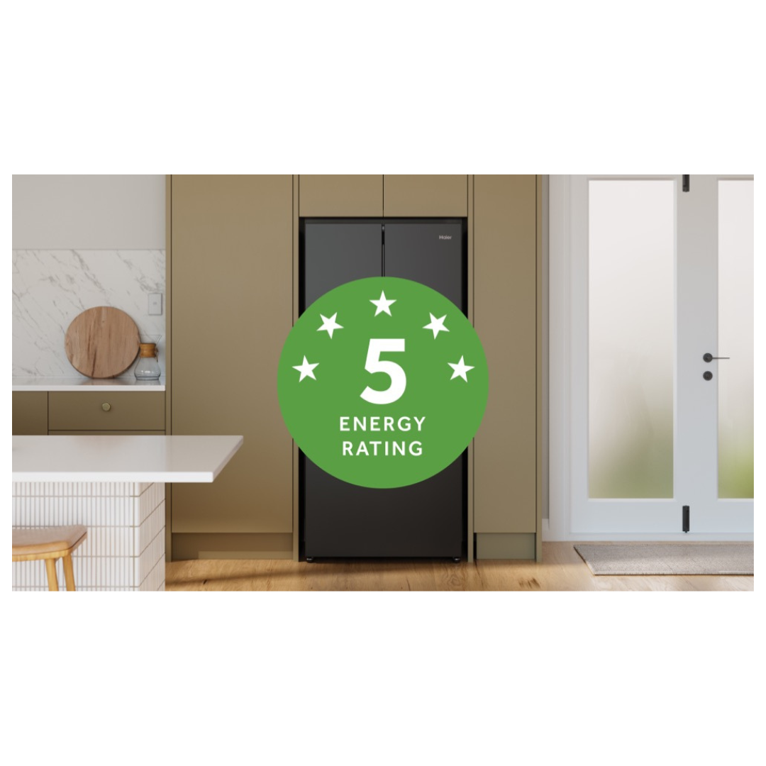 Haier French Door Fridge in a modern kitchen with a 5 star energy rating