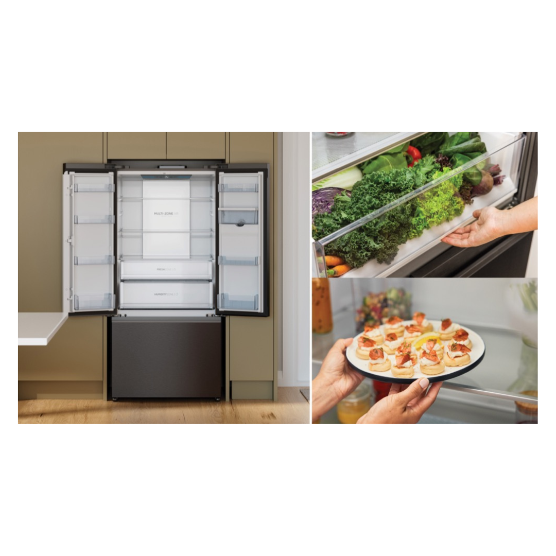 Haier French Door Fridge in a modern kitchen with it's top 2 doors open in the left picture as well as showing it's storage in the right 2 pictures