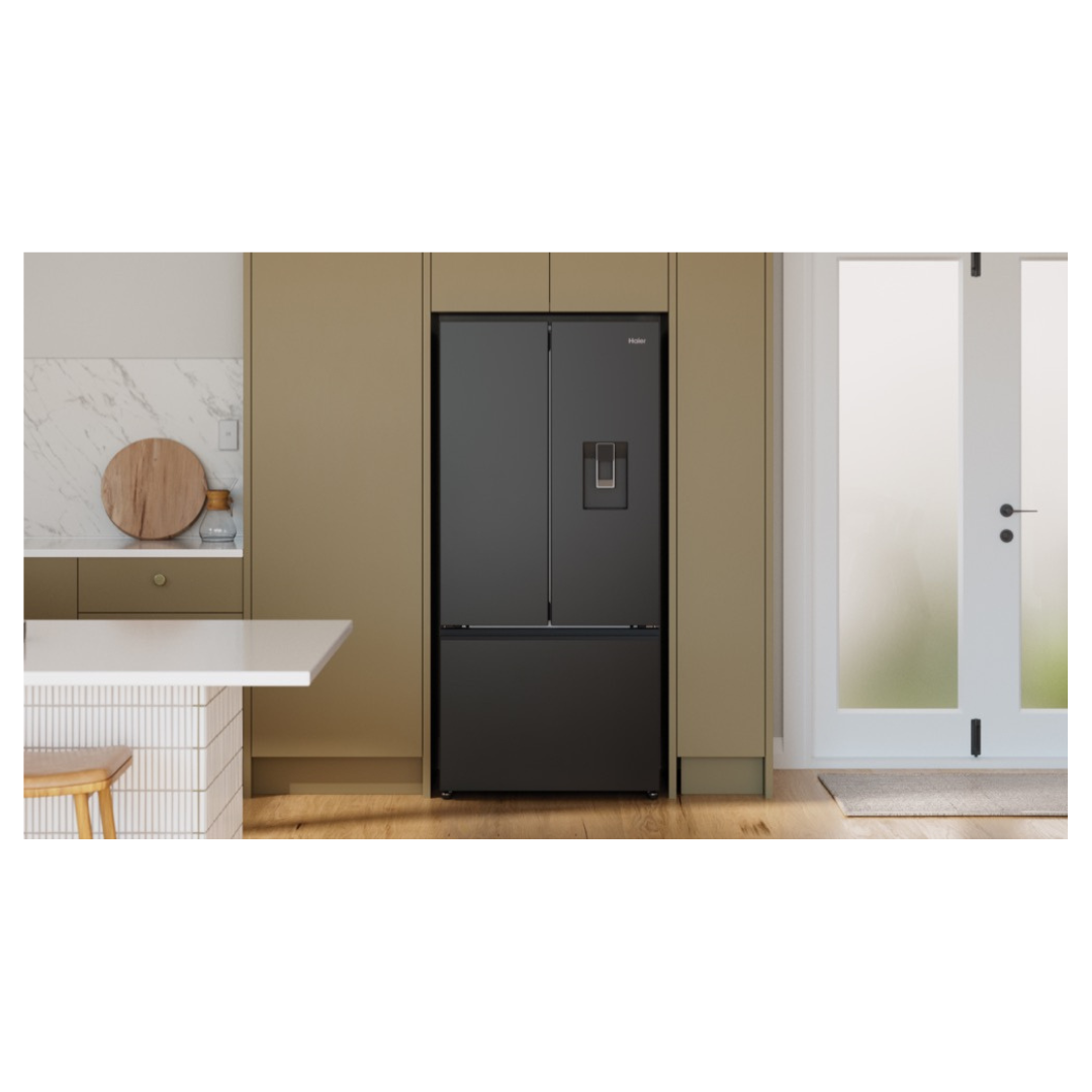 Haier French Door Fridge in a modern kitchen fit out, showing it's sleek design