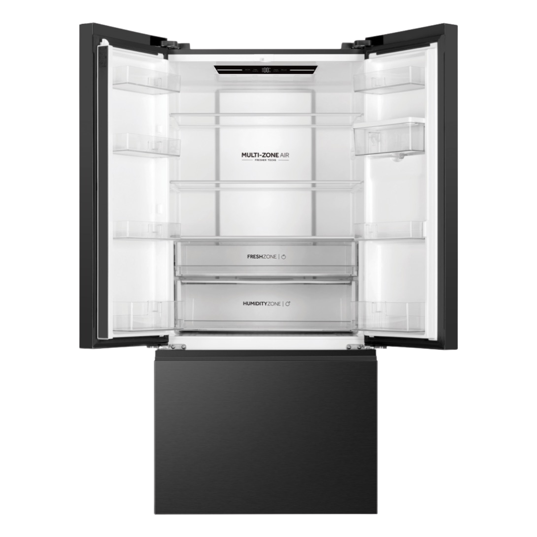 Haier French Door Fridge with it's top 2 doors open showcasing it's space