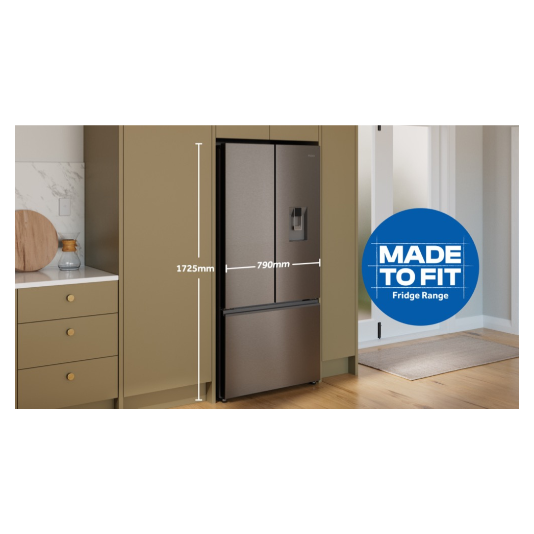 Haier French Door Fridge in Satina colourway in a modern kitchen with dimensions for reference