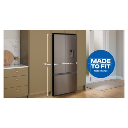 Haier French Door Fridge in Satina colourway in a modern kitchen with dimensions for reference