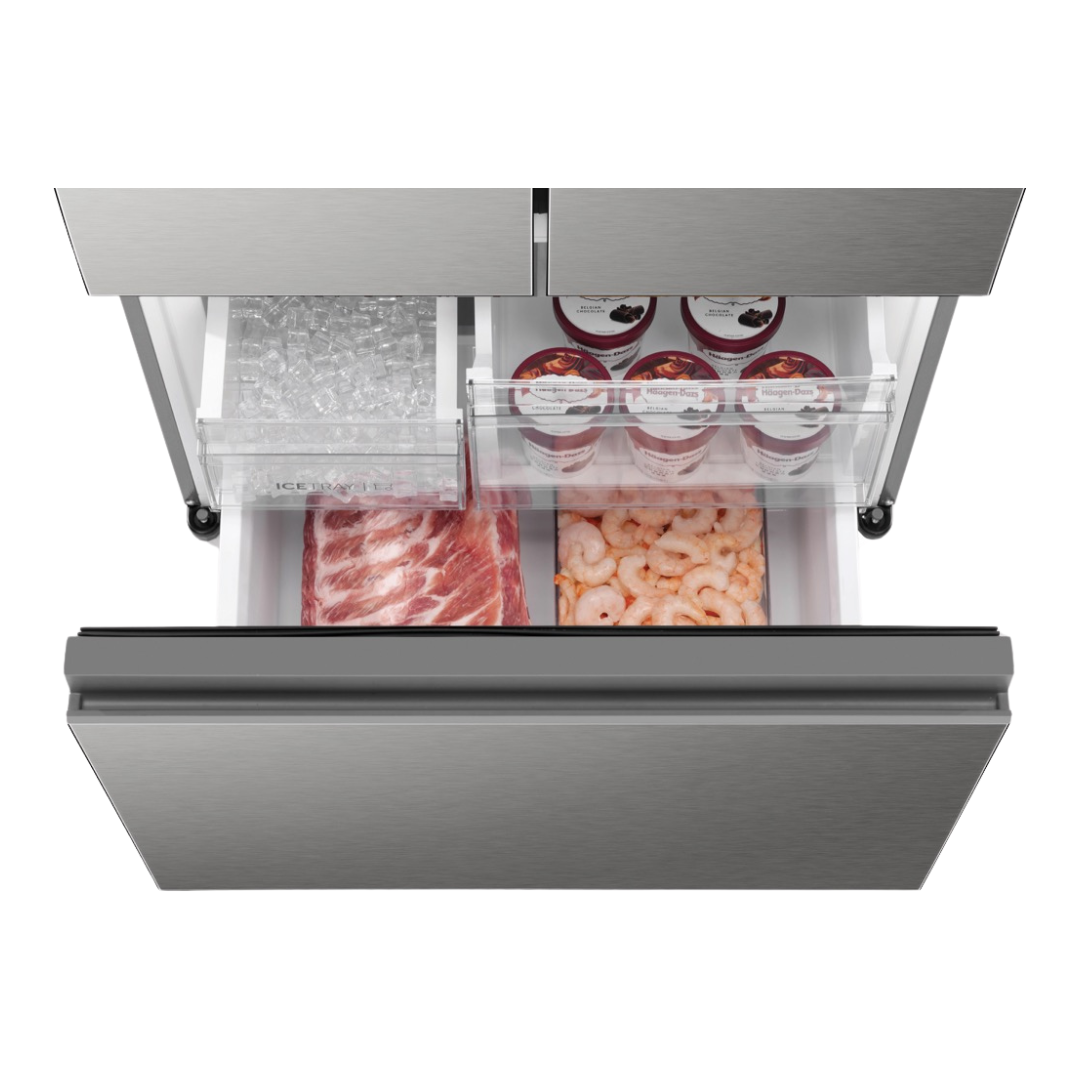 Haier French Door Fridge in Satina colourway with the freezer draw open
