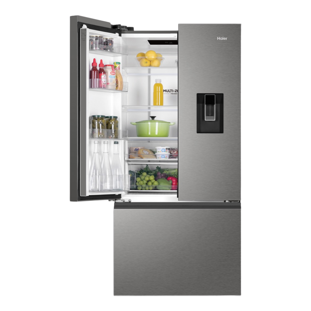 Haier French Door Fridge in Satina colourway  with the left top door open