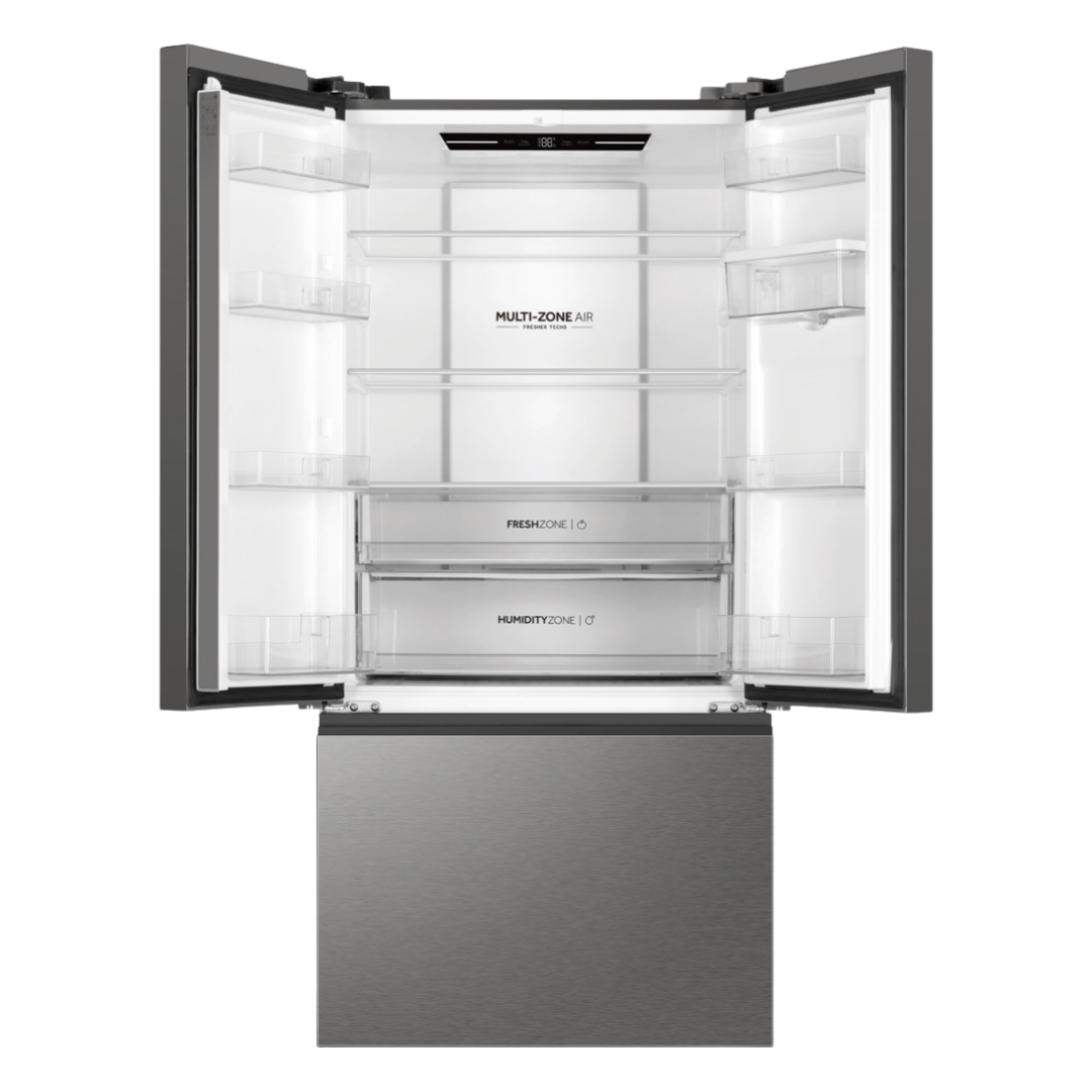 Haier French Door Fridge in Satina colourway with it's top two doors open showcasing it's storage