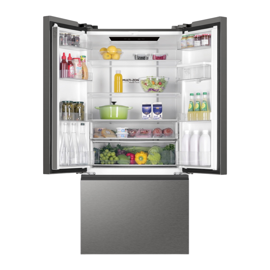 Haier French Door Fridge in Satina colourway with it's two top doors open showcasing it's storage