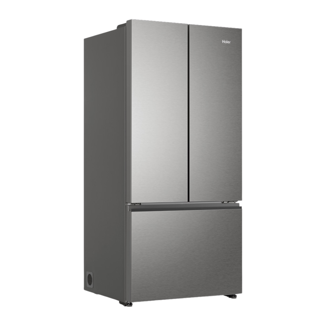 Haier French Door Fridge in Satina colourway pictured at an angle