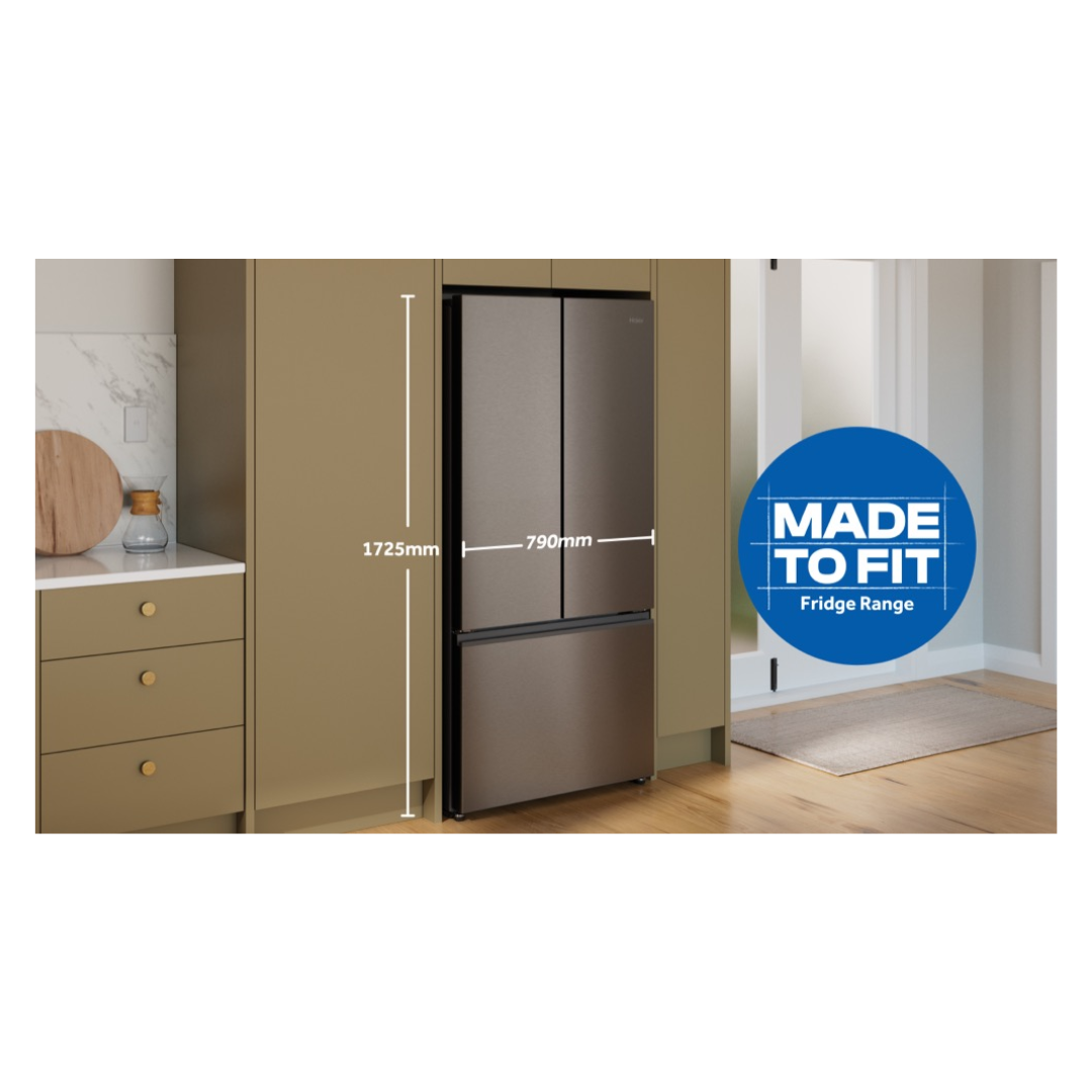 Haier French Door Fridge in Satina colourway in a modern kitchen with dimensions for reference