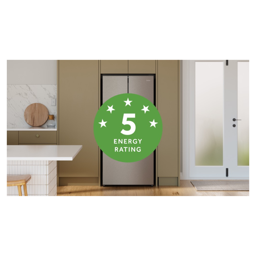 Haier French Door Fridge in Satina colourway in a modern kitchen with a 5 star energy rating