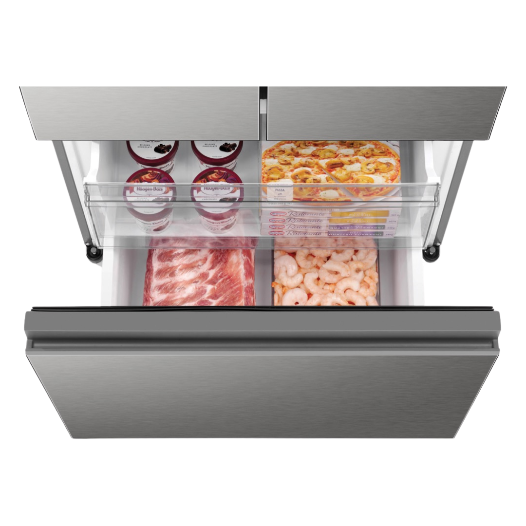 Haier French Door Fridge in Satina colourway freezer draw open