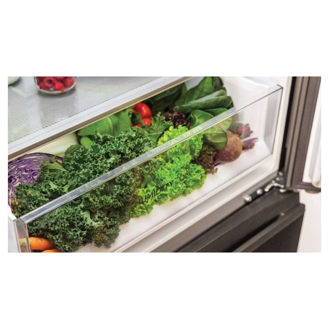 Haier French Door Fridge in Satina colourway showcasing it's Fresh Zone for vegetables