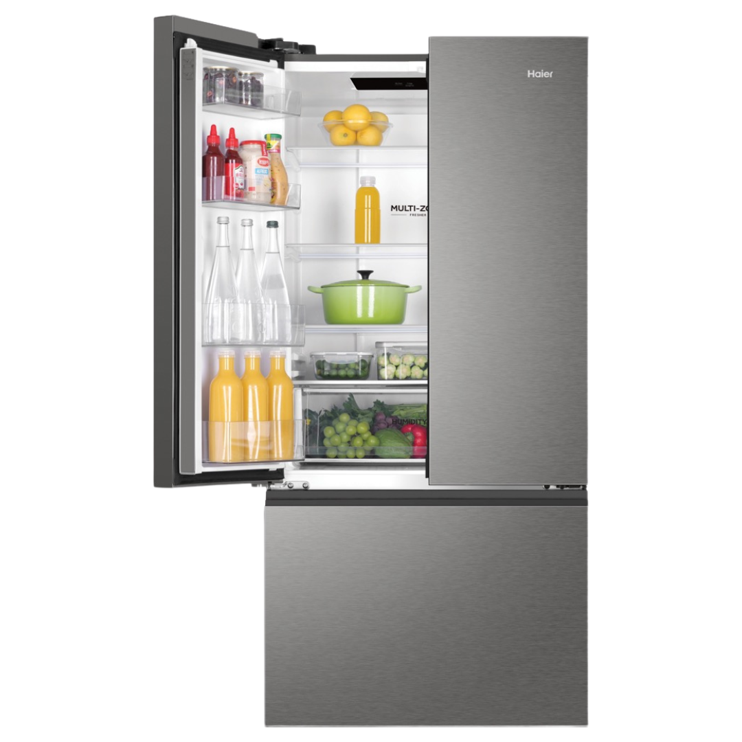 Haier French Door Fridge in Satina colourway with the left top door open