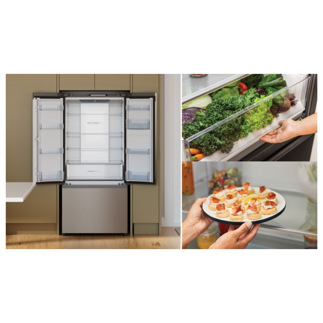 Haier French Door Fridge in Satina colourway  with it's two doors open in a modern kitchen in the right picture and it's storage space in the left two pictures.