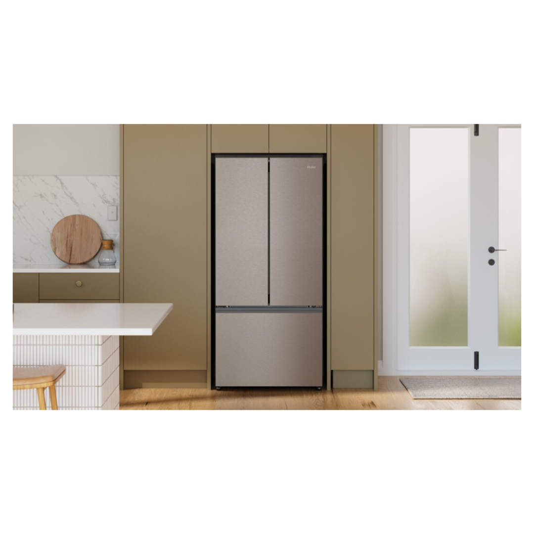 Haier French Door Fridge in Satina colourway in a modern kitchen fit out showcasing it's sleek design