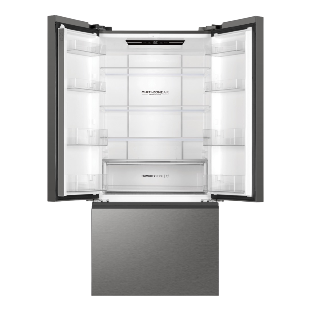 Haier French Door Fridge in Satina colourway  with the top two doors open showcasing it's storage space