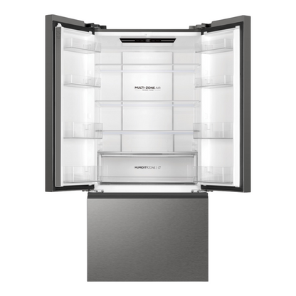 Haier French Door Fridge in Satina colourway  with the top two doors open showcasing it's storage space
