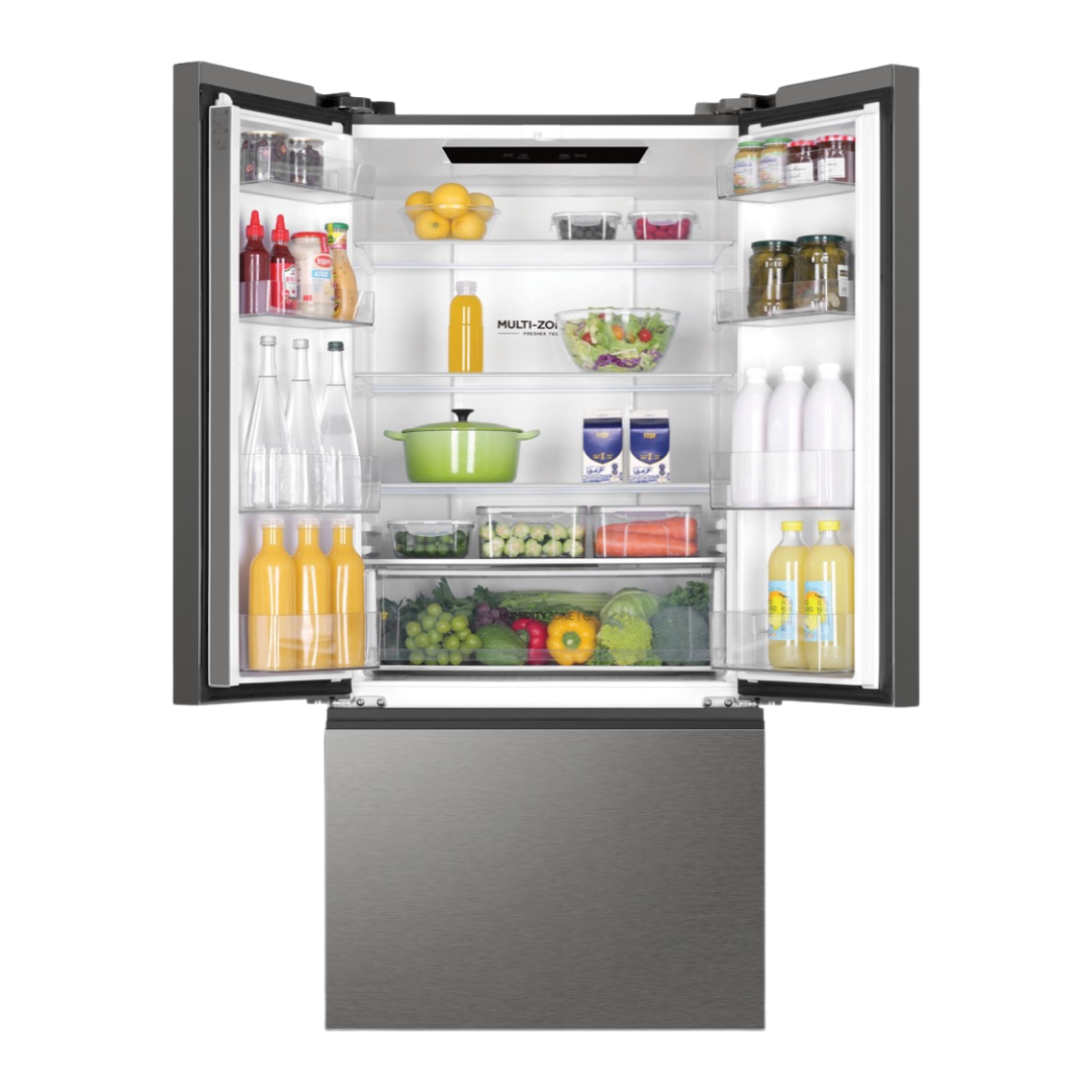 Haier French Door Fridge in Satina colourway with the top two doors open showcasing it's storage