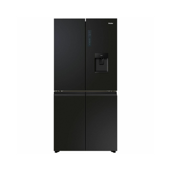 Front view of the Haier 507L quad door fridge in a black finish with the doors closed, showing the electric control panel, water and ice dispenser and flat door modern design.