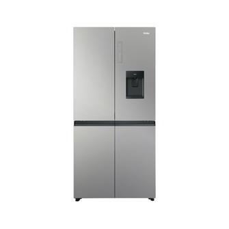 Front view of the Haier 507L quad door fridge with the doors closed in a satina finish, showing a water and ice dispenser and a flat door design.