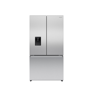 Hisense 635L French door fridge in stainless steel with sleek front doors built-in non-plumbed water dispenser, ideal for modern kitchens seeking style and functionality. 
