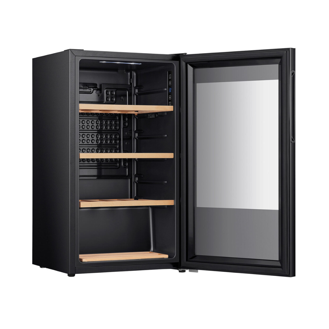 Angled view of the Hisense 30 bottle wine cooler with the door open in a black finish, showing organised wooden shelves, glass door, control panel and the left side panel on display. 
