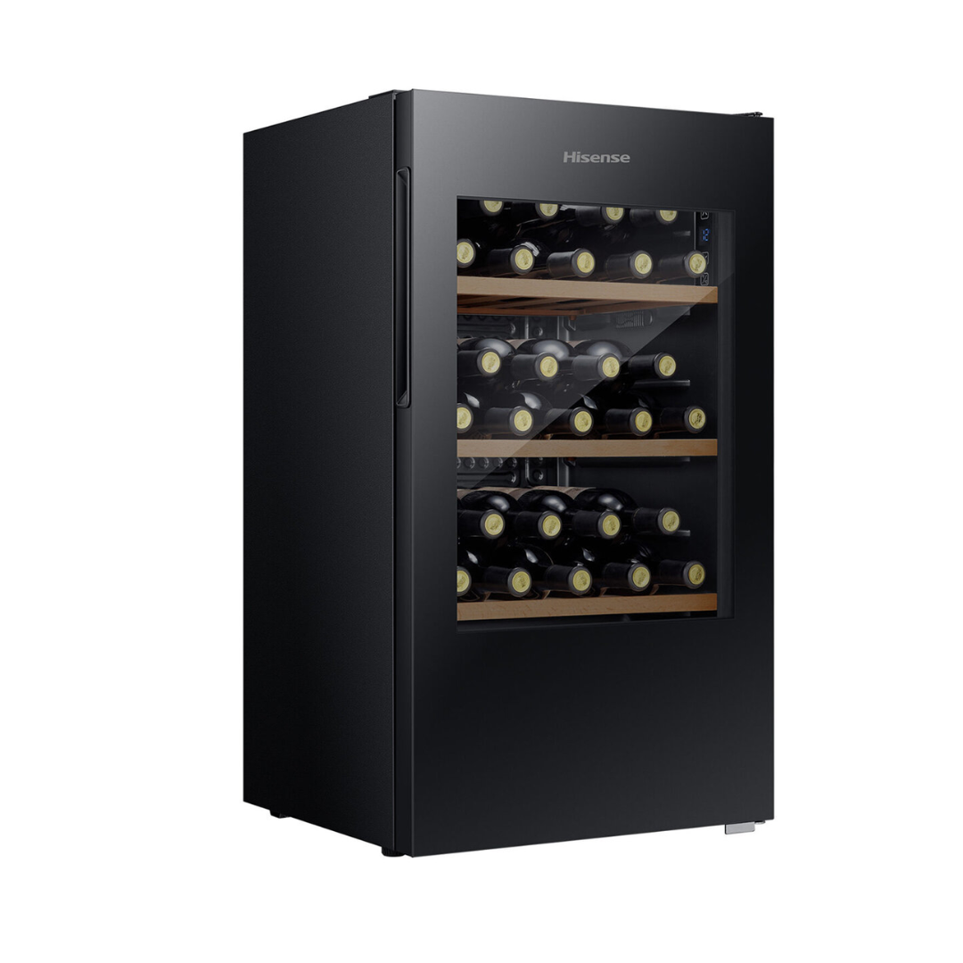 Angle view of the Hisense 30 bottle wine cooler in a black finish with the door closed, showing organised wooden shelves, glass door and the left side panel on display. 
