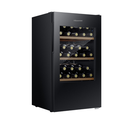 Angle view of the Hisense 30 bottle wine cooler in a black finish with the door closed, showing organised wooden shelves, glass door and the left side panel on display. 