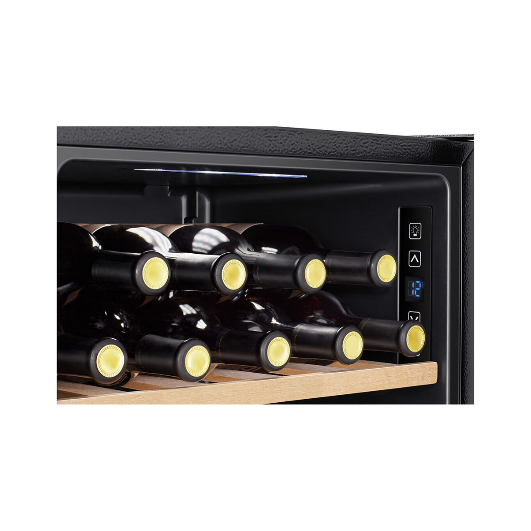 Close up view of the Hisense 30 bottle wine cooler, showing the wooden shelf, the digital display with touch controls. 