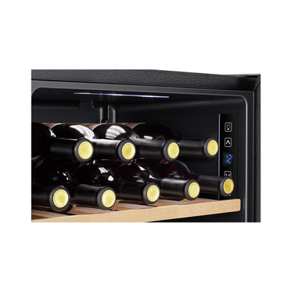 Close up view of the Hisense 30 bottle wine cooler, showing the wooden shelf, the digital display with touch controls. 