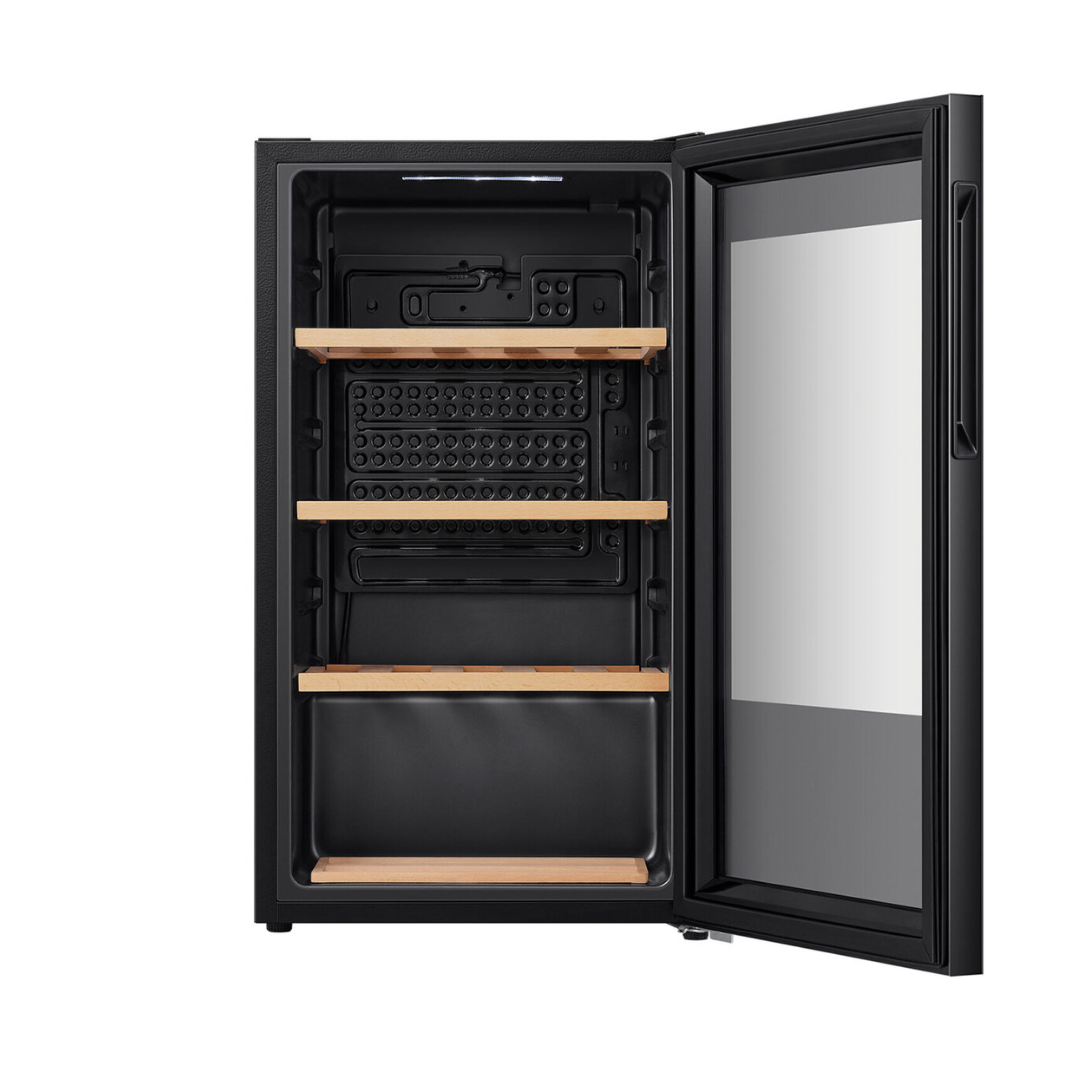 Front view of the Hisense 30 bottle wine cooler in a black finish with the door open, showing the organised wooden shelves and LED light turned on.