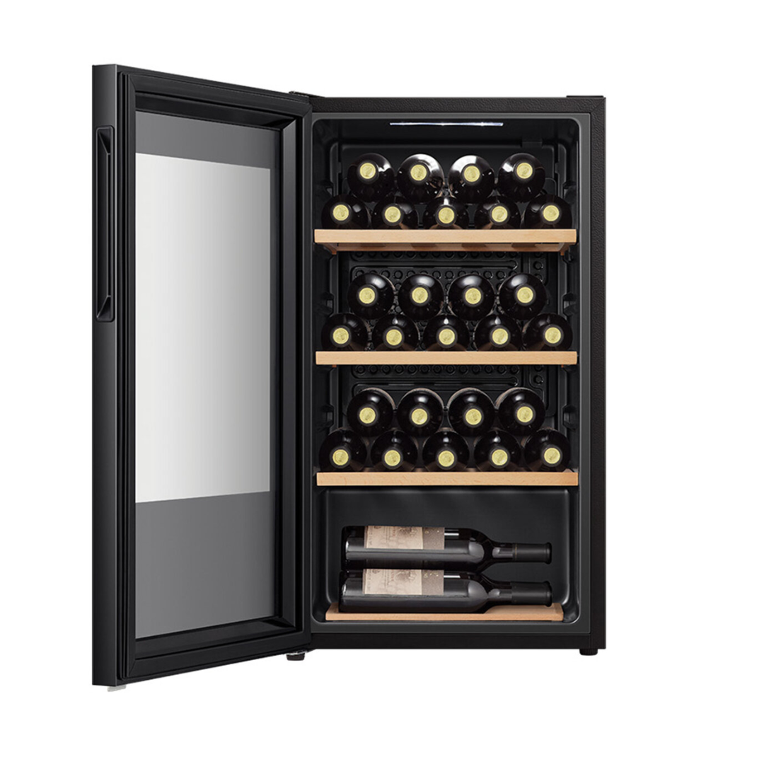 Front view of the Hisense 30 bottle wine cabinet, in a black finish with the door open, showing organised wooden shelves with wine bottles stored and the LED light turned on. 